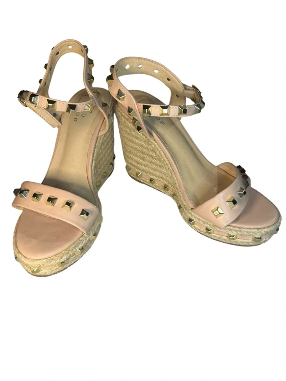 7.5 Gold Studded Wedge Sandals Nude Pink Espadrille Shu Shop Chic Miami Vacation